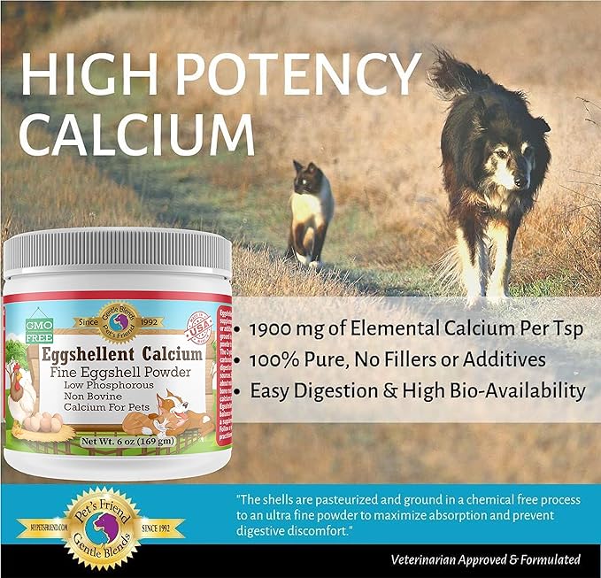 Pet's Friend Eggshellent Calcium 6 oz - Fine Eggshell Powder Calcium Supplement for Dogs and Cats, Low Phosphorous Non-Bovine Ingredients, Nourish Muscles, Joints, and Bones, Tasty Food Additive
