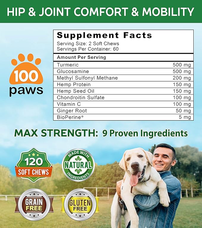 Hip & Joint Supplement for Dogs - Hemp Oil Infused Soft Chews Dog Treats w/Glucosamine, Turmeric, Chondroitin, MSM & Omega 3 6 9 -Supports Pet Mobility & Pain Relief-120 Treat Bites