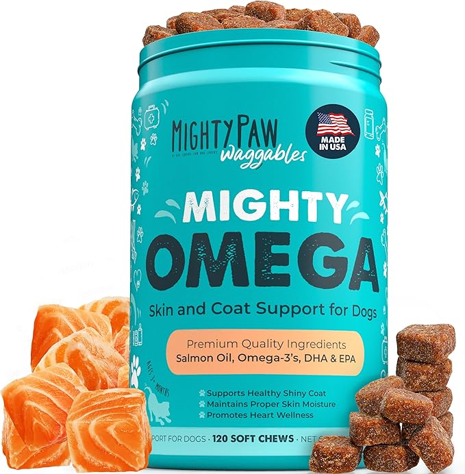 Mighty Paw Waggables Mighty Omega (Made in The USA, 120 Count) | Omega 3 Fish Oil Chew for Dogs. Salmon Oil for Dogs Skin and Coat Supplement. Soft Chew Fish Oil for Dogs - DHA & EPA, Bacon Flavor