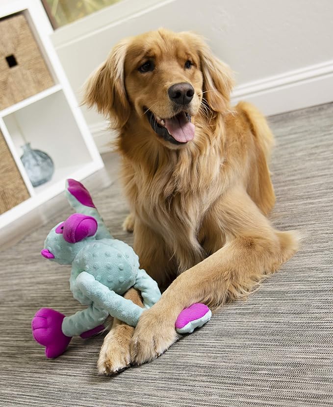 goDog Crazy Tugs Monkey Squeaky Plush Tug Dog Toy, Chew Guard Technology - Turquoise, Large