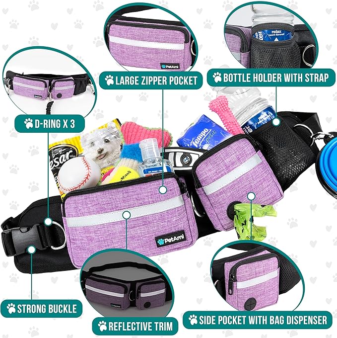 PetAmi Hands Free Dog Leash, Dog Running Leash Belt Bag for Walking, Jogging, Dog Waist Double Zipper Pouch with Poop Bag Dispenser, Dual Padded Handles Reflective Bungee Leash, Double