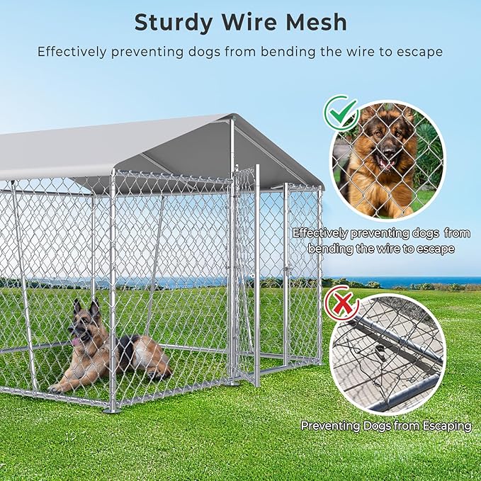 Upgraded 7.5×7.5FT Outdoor Dog Kennel with Cover Roof, Large Dog Run House Pen Enclosure with Side Rod, Heavy Duty Chain Link Dog Kennel with Lock for Outside Backyard