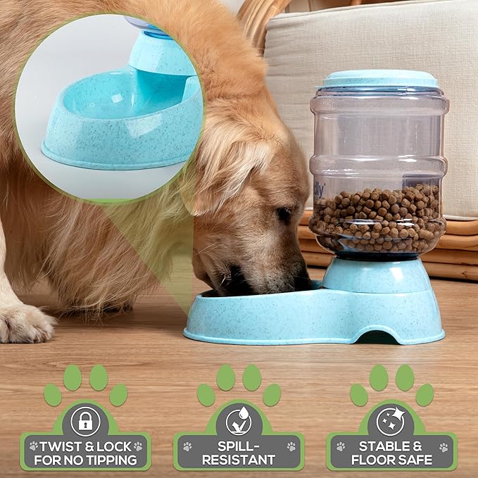 2 Pack Self Feeding Dog Food and Water Dispenser - 3.75L Automatic Pet Feeder for Small & Medium Dogs, Spill Proof Gravity Cat Feeder and Water Dispenser (Blue)