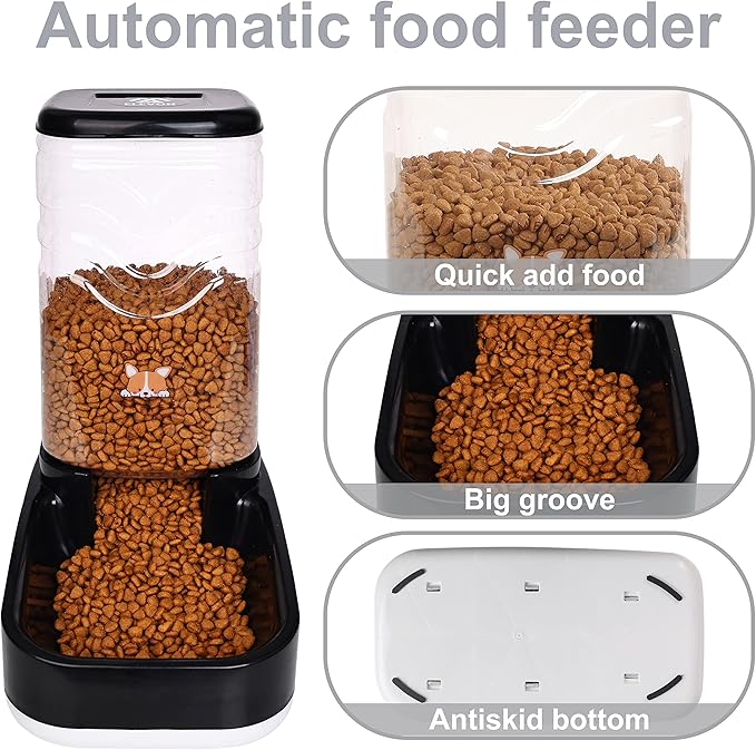 Automatic Dog Cat Gravity Food and Water Dispenser Set with Pet Food Bowl for Small Large Pets Puppy Kitten Rabbit Large Capacity(Black, 3.8L)