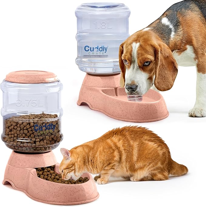 2 Pack Self Feeding Dog Food and Water Dispenser - 3.75L Automatic Pet Feeder for Small & Medium Dogs, Spill Proof Gravity Cat Feeder and Water Dispenser (Pink)