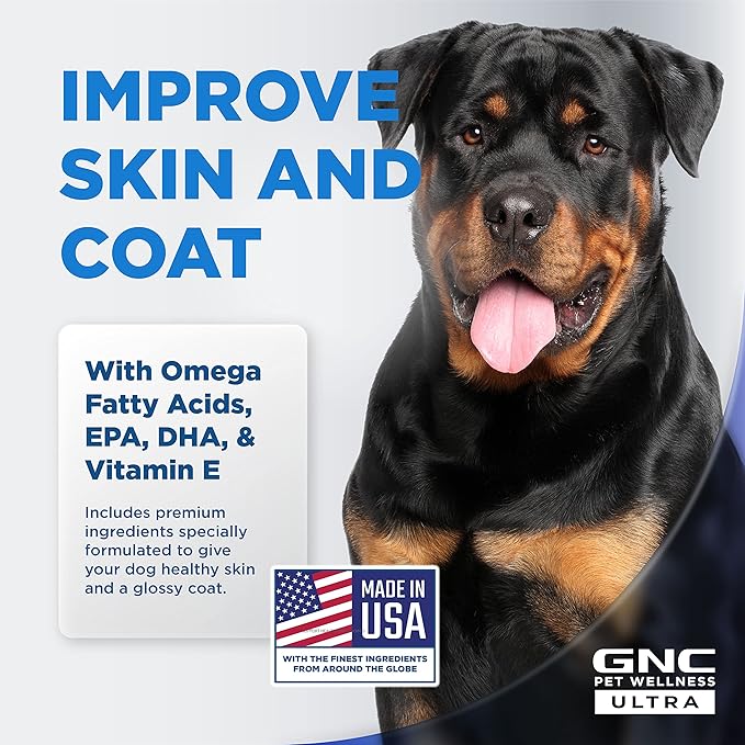 GNC Pets ULTRA Skin & Coat Soft Chews, All Dogs, Chicken Flavor. 60-ct in a 16-oz Canister | Daily Supplement for Skin & Coat for Dogs in Chewable Chicken Flavor