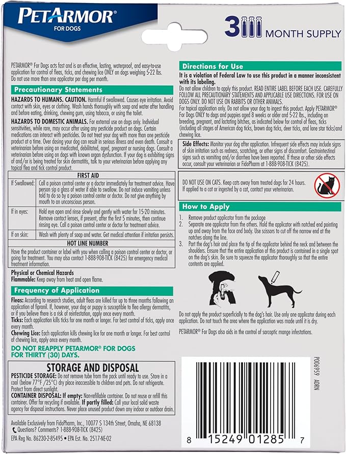 PetArmor for Dogs, Flea and Tick Treatment for Small Dogs (5-22 Pounds), Includes 3 Month Supply of Topical Flea Treatments