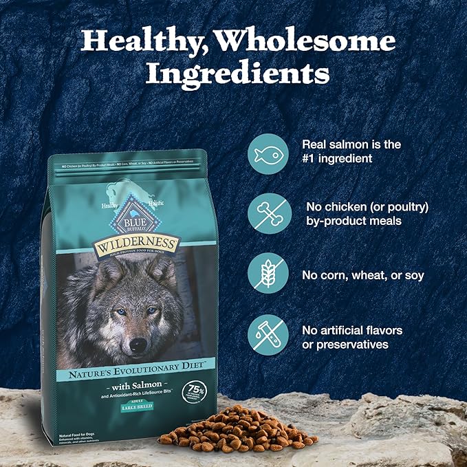 Blue Buffalo Wilderness High Protein Natural Large Breed Adult Dry Dog Food plus Wholesome Grains, Salmon 28 lb bag