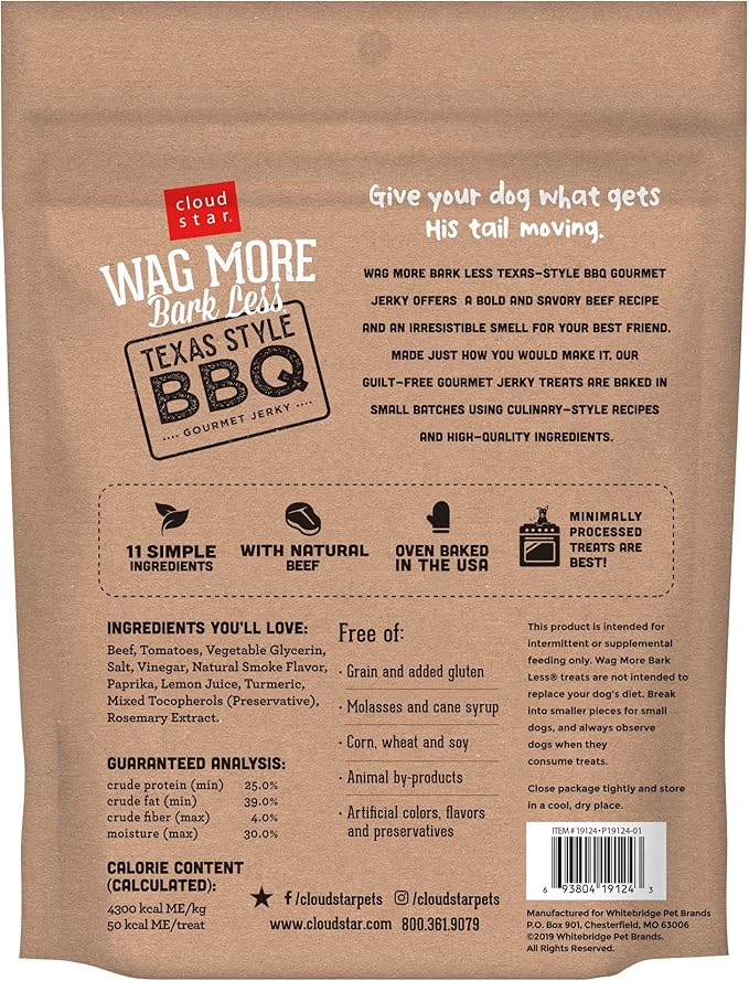 Cloud Star Wag More Bark Less Jerky Grain Free Dog Treats, Texas BBQ Beef, 10 oz. Pouch