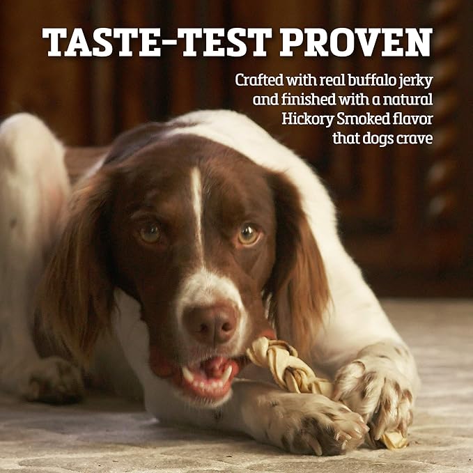 Rawhide Dog Treats | Healthy, Grass-Fed Buffalo Jerky Raw Hide Chews | Hickory Smoked Flavor | Jerky Braids, 10 Count