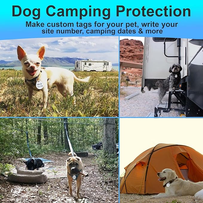Dog Camping Gear (10pk) Blank Dog ID Tags, Emergency Double Sided Dog Tags with Key Ring, Prevent Lost Dogs During Travel or RV Camping, Camping Dog Accessories, Water-Resistant Pet Tag