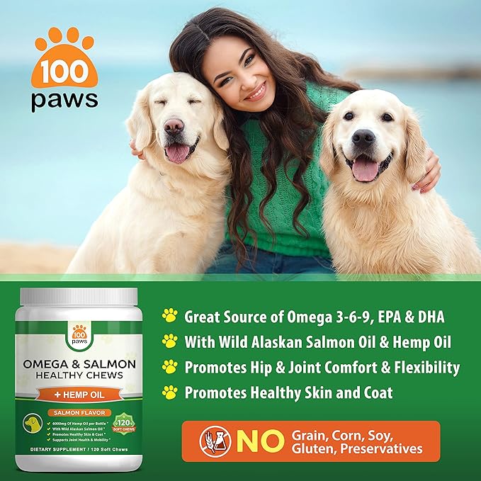 Salmon Oil for Dogs-Omega 3 Fish Oil & Hemp Oil -Wild Alaskan Fish Oil Dog Treats Chews Supplement w/Omega 3 6 9 & DHA EPA - Pet Itch Skin & Coat & Allergy Support - 120 Bites