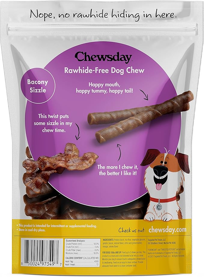 6-Inch Chewy Dog Chew Twists, Made in The USA, All Natural Rawhide-Free Highly-Digestible Treats, Bacony Sizzle - 28 Count