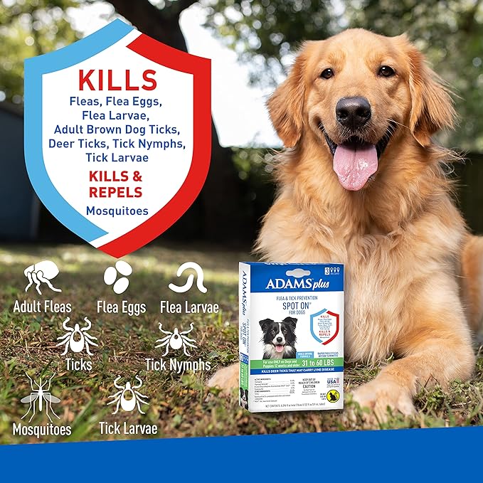 Adams Plus Flea & Tick Prevention Spot On for Dogs 15-30 Pounds, 12 Weeks & Older, 3-Month Supply, Kills Fleas, Flea Eggs, Flea Larvae & Brown Dog & Deer Ticks, Kills & Repels Mosquitoes For 30 Days