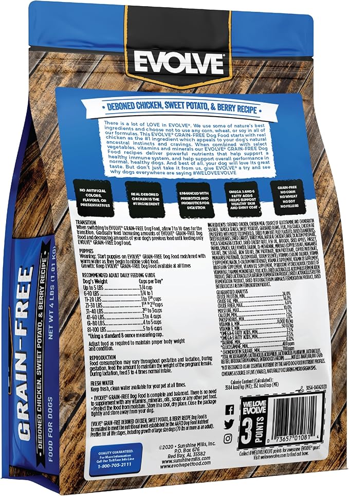 Evolve Grain Free Deboned Chicken, Sweet Potato & Berry Recipe Dry Dog Food, 4lb.