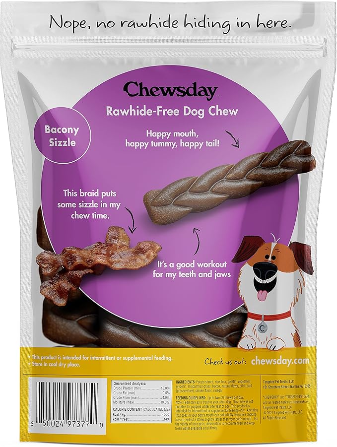 5-Inch Dog Chew Braids, Made in The USA, All Natural Rawhide-Free Highly-Digestible Treats, Bacony Sizzle - 14 Count