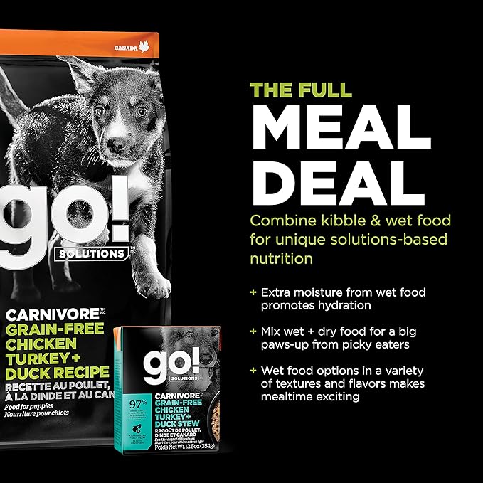 GO! SOLUTIONS Carnivore Grain Free Dog Food for Puppies, 12 lb – Chicken, Turkey + Duck Recipe – Protein Rich Puppy Food – Complete + Balanced Nutrition for Puppies