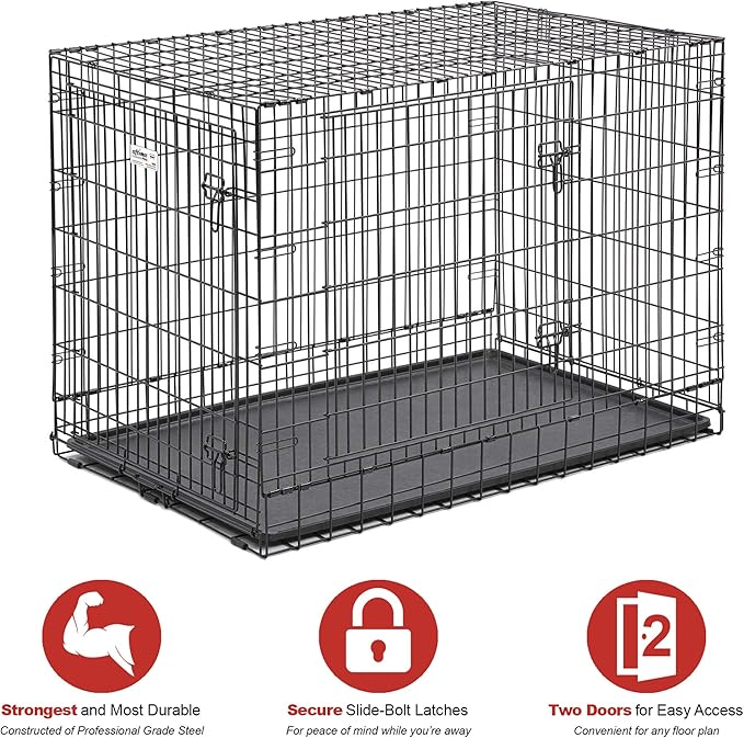 MidWest Homes for Pets Ultima Pro Series 48" Dog Crate | Extra-Strong Double Door Folding Metal Dog Crate w/Divider Panel, Floor Protecting "Roller Feet" & Leak-Proof Plastic Pan