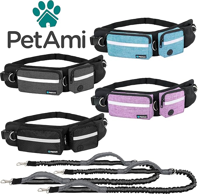 PetAmi Hands Free Dog Leash, Dog Running Leash Belt Bag for Walking, Jogging, Dog Waist Double Zipper Pouch with Poop Bag Dispenser, Dual Padded Handles Reflective Bungee Leash, Double Turquoise