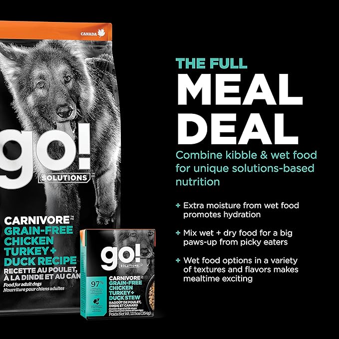 GO! SOLUTIONS Carnivore Grain Free Dog Food for Adult Dogs, 3.5 lb – Chicken, Turkey + Duck Recipe – Protein Rich Dry Dog Food – Complete + Balanced Nutrition for Adult Dogs