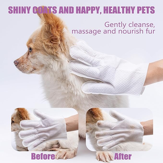 Pet Grooming Gloves for Dog Cat - 4 Pcs Quick Bath Pet Wipes - No Rinse Cat Dog Bath Wipes - Dog Wipes Cleaning Deodorizing, Nourish Fur - Pet Wipes for Paws, Butt and Body