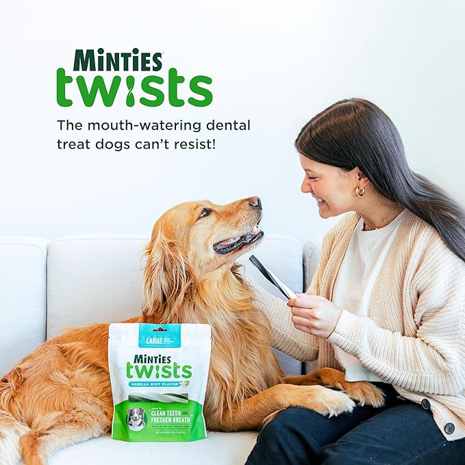 Minties Dental Twists for Dogs, Vet-Recommended Vanilla-Flavored Dental Chews for Medium/Large Dogs over 40 lbs, Dental Treats Clean Teeth, Fight Bad Breath, and Removes Plaque and Tartar, 24 oz