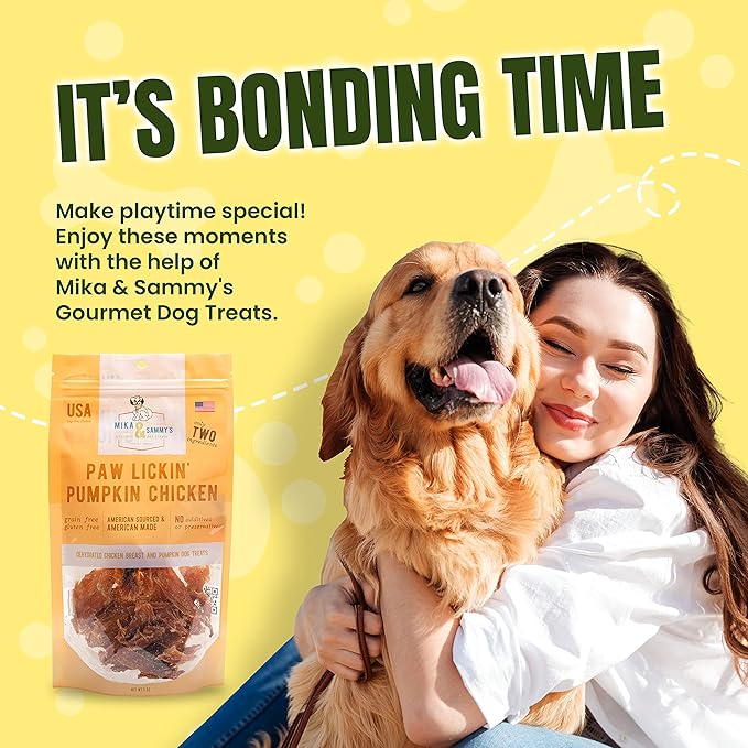 Gourmet Jerky Dog Treats - Natural Dog Treat Chicken Jerky for Dogs, Nutritious and Tasty Dog Jerky Treats Made in USA only, Cage-Free, No Additives (Mika & Sammy's Paw Lickin Pumpkin Chicken 12 oz)