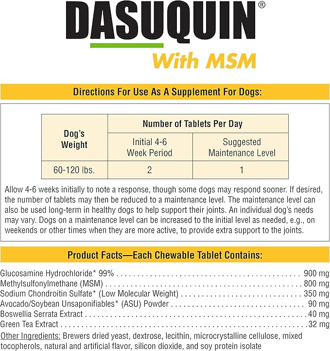 Nutramax Dasuquin with MSM Joint Health Supplement for Large Dogs - With Glucosamine, MSM, Chondroitin, ASU, Boswellia Serrata Extract, and Green Tea Extract, 84 Chewable Tablets