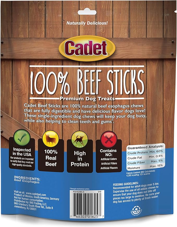 Cadet Beef Sticks Dog Treats - Long-Lasting, Healthy & Natural Beef Esophagus Treats for Small & Large Dogs, Low Calorie & High Protein Dog Chews (12 oz.)