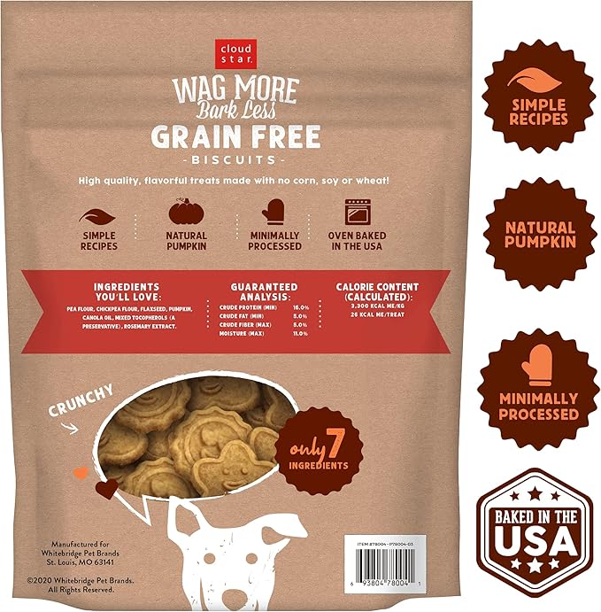 Cloud Star Wag More Bark Less - Dog Treats - Crunchy Biscuits - Grain Free Pumpkin - 2.5 lb Pouch
