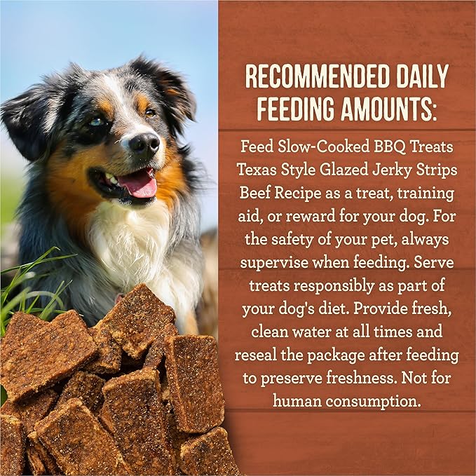 Merrick Dog Jerky, Slow Cooked BBQ Beef Dog Treats, Texas Style Glazed Jerky Strips, Beef Jerky Dog Treats - 10 oz. Pouch