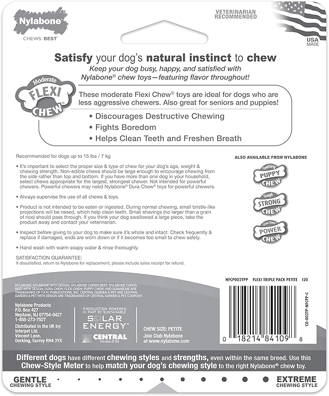 Nylabone Flexi Chew Moderate Dog Dental Chew Toy Bones Triple Pack, Peanut Butter & Bacon, X-Small/Petite (3 Count)