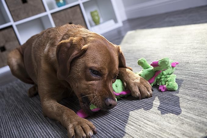 goDog Bubble Plush Skinny Dragons Squeaky Plush Dog Toy, Chew Guard Technology - Green, Large