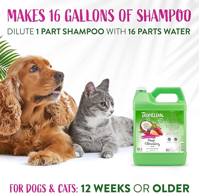 TropiClean Berry & Coconut Deep Cleansing Dog Shampoo | Deodorizing Dog Shampoo | Natural Pet Shampoo Derived from Natural Ingredients | Cat Friendly | Made in the USA | 1 gal.