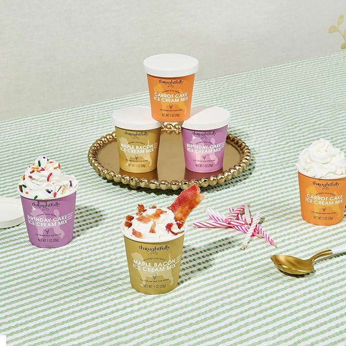 Thoughtfully Pets, Mini Dog Ice Cream Gift Set, Includes 3 Flavors of Dog-Friendly Ice Cream Powder Mix in Paper Cups, Just Add Water and Freeze, Set of 6
