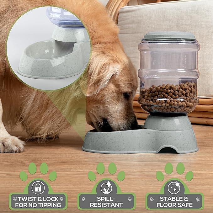 2 Pack Self Feeding Dog Food and Water Dispenser - 3.75L Automatic Pet Feeder for Small & Medium Dogs, Spill Proof Gravity Cat Feeder and Water Dispenser (Grey)