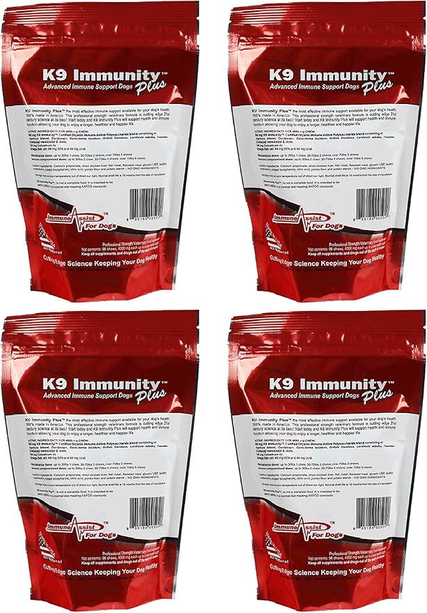 K9 Immunity Plus - Potent Immune Booster For Dogs Over 70 Pounds - Certified Organic – Mushroom Enhanced Supplement - Veterinarian Recommended Dog Health Supplement –90 Chews 4 Pack