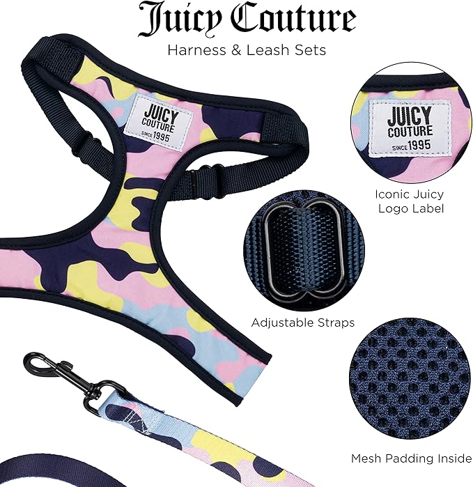 Juicy Couture Colorful Camo Dog Harness and Leash Set β Adjustable Puppy Harness with Puppy Leash & Mesh Padding Dog Harness, Medium