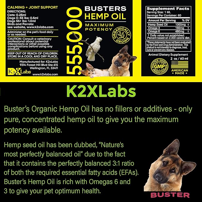 2-PACK Buster's Organic Hemp Oil for Dogs & Pets, 4-MONTH Supply, Large 60ml Bottles, 555,000 Max Potency, Joint Relief, Calming, Miracle Formula, Perfectly Balanced Omega 3, 6, 9, USA