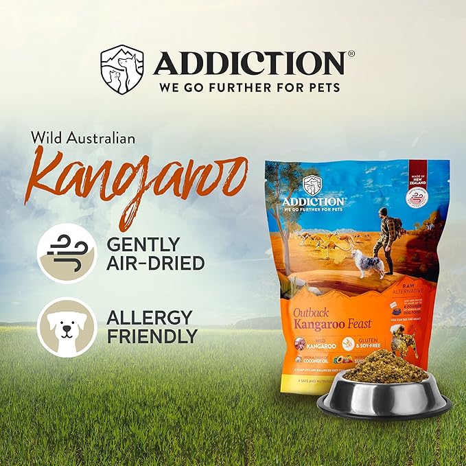Addiction Outback Kangaroo Feast Raw Alternative Dog Food - Gently Air-Dried Complete Meal or Dog Food Topper for Digestive and Skin and Coat Health, 2 lb