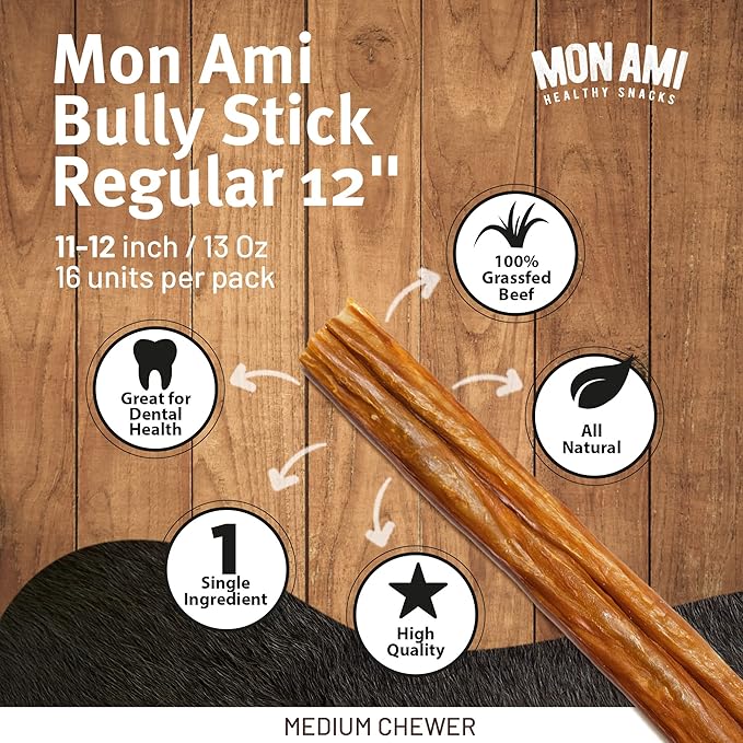 Mon Ami Regular Bully Sticks for Large and Small Dogs (11-12 inches, Pack of 16) - Grass Fed Dog Treats - Bully Sticks Natural Dog Treat
