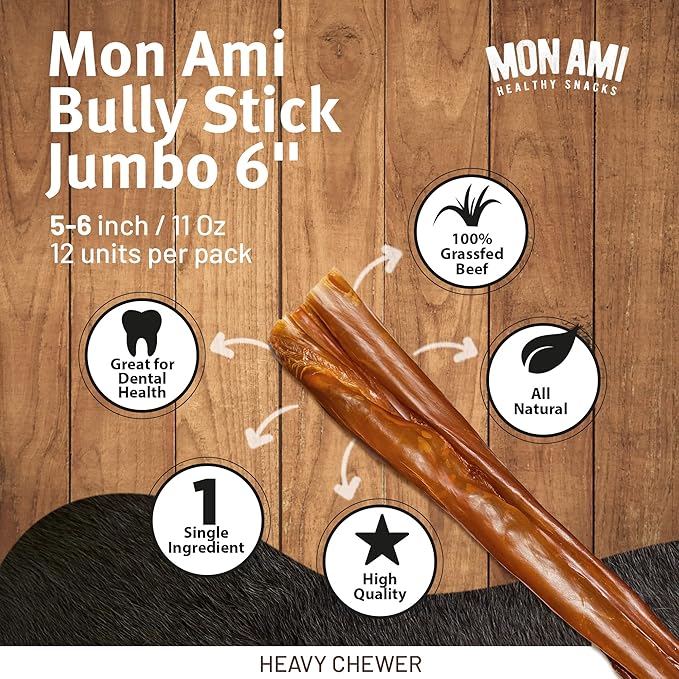 Mon Ami Jumbo Bully Sticks for Large and Small Dogs (5-6 inches, Pack of 12) - Grass Fed Dog Treats - Bully Sticks Natural Dog Treat