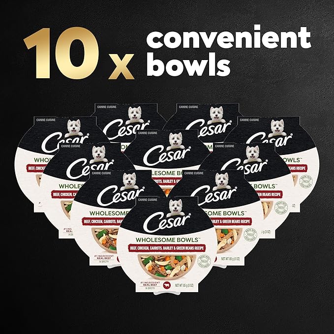 CESAR WHOLESOME BOWLS Adult Soft Wet Dog Food Beef, Chicken, Carrots, Barley & Green Beans Recipe, (10) 3 oz. Bowls