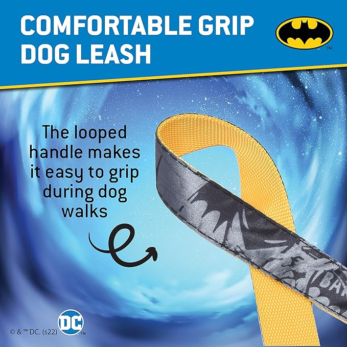 DC Comics Vintage Batman Collection 6 Foot Dog Leash (72 inch) | Cute Yellow and Black Dog Leash Easily Attaches to Any Dog Collar or Harness | 6 Ft Dog Leash Batman Design