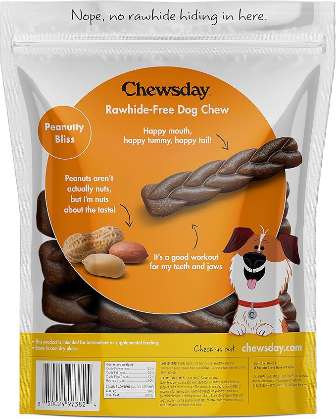 6-Inch Dog Chew Braids, Made in The USA, All Natural Rawhide-Free Highly-Digestible Treats, Peanutty Bliss - 14 Count