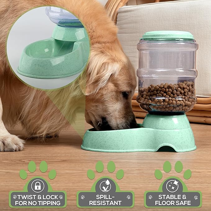 2 Pack Self Feeding Dog Food and Water Dispenser - 3.75L Automatic Pet Feeder for Small & Medium Dogs, Spill Proof Gravity Cat Feeder and Water Dispenser (Green)