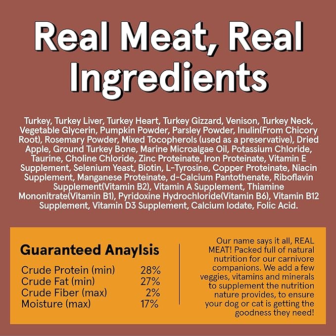 Real Meat Air Dried Dog Food w/Real Turkey & Venison - 2lb Bag of Grain-Free Real Meat Dog Food Sourced from Free-Range Turkey & Deer - Digestible, All-Natural, & High-Protein Turkey and Venison