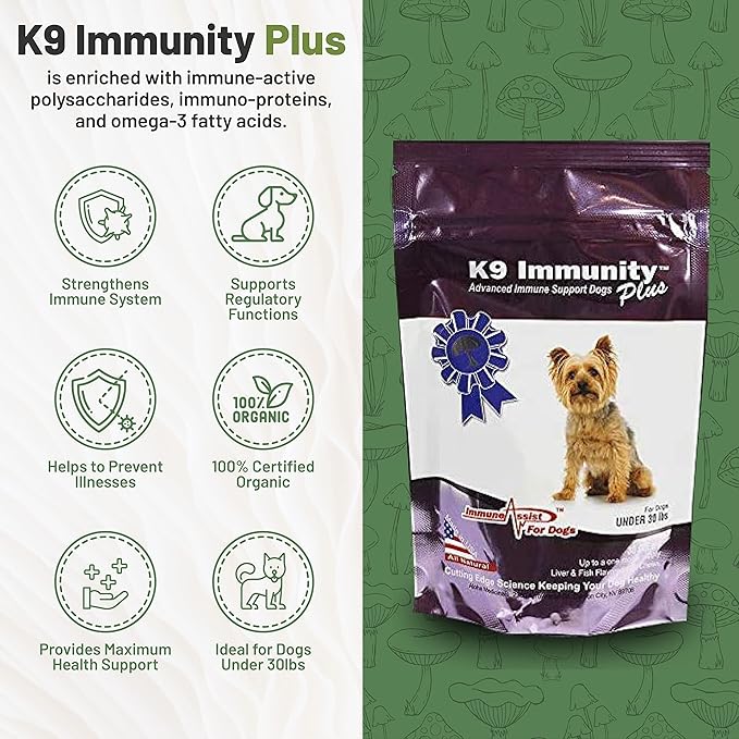 K9 Immunity Plus - Potent Immune Booster for Dogs Under 30 lbs - Certified Organic – Mushroom Enhanced Supplement - Veterinarian Recommended Dog Health Supplement (30 Chews)