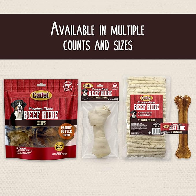 Cadet Premium Grade Beef Hide for Dogs, Long Lasting Rawhide Twist Chew Sticks, Natural Dog Chews, 5 Inch Dog Bones (34 Count)