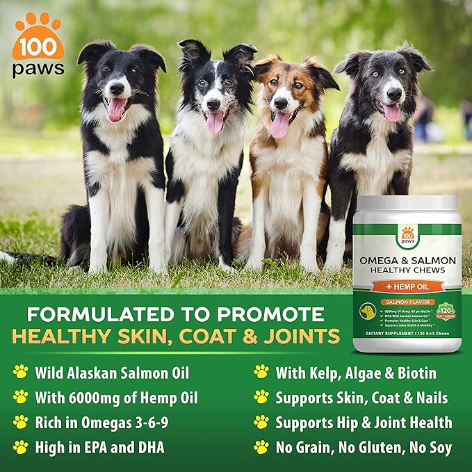 Salmon Oil for Dogs-Omega 3 Fish Oil & Hemp Oil -Wild Alaskan Fish Oil Dog Treats Chews Supplement w/Omega 3 6 9 & DHA EPA - Pet Itch Skin & Coat & Allergy Support - 120 Bites